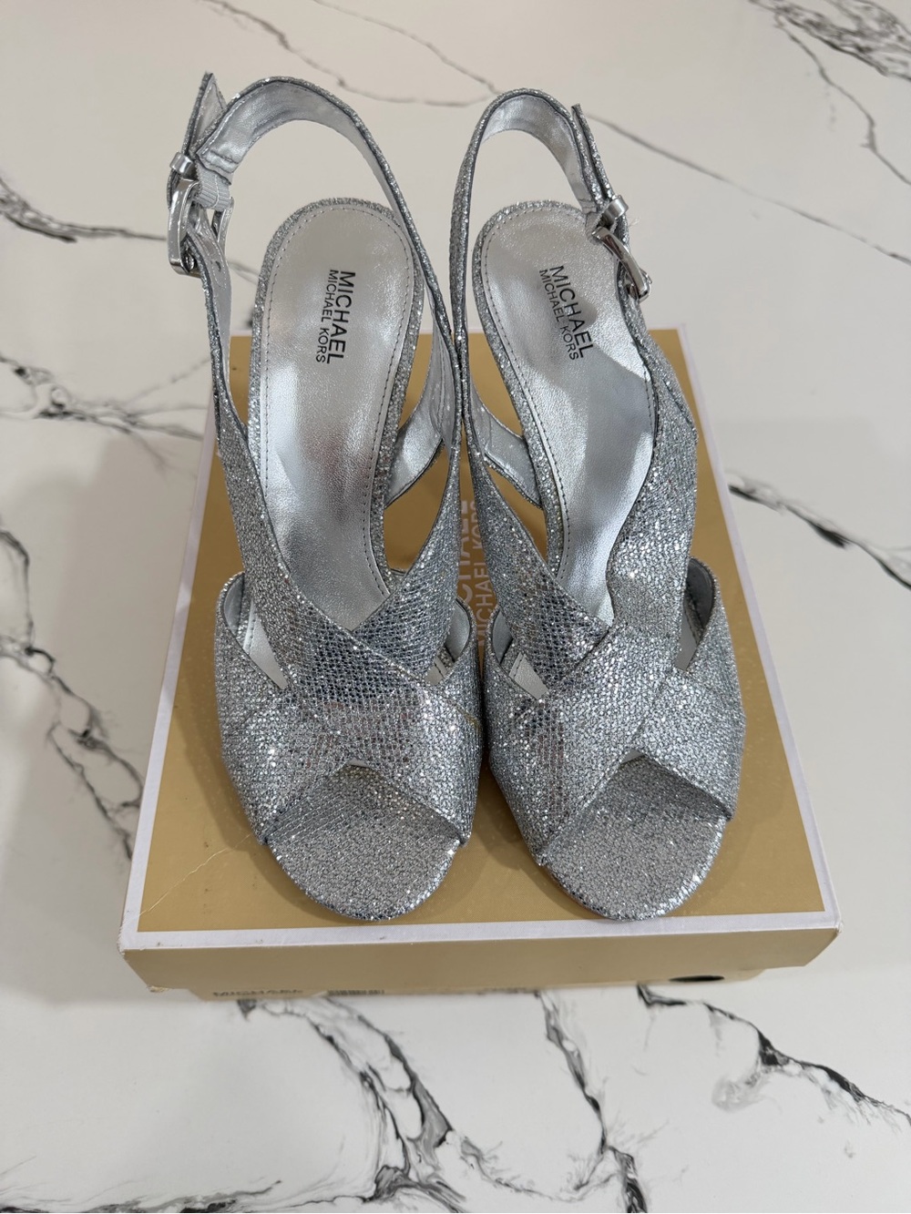 Michael Kors Silver Glitter Peep-Toe Slingback Heels